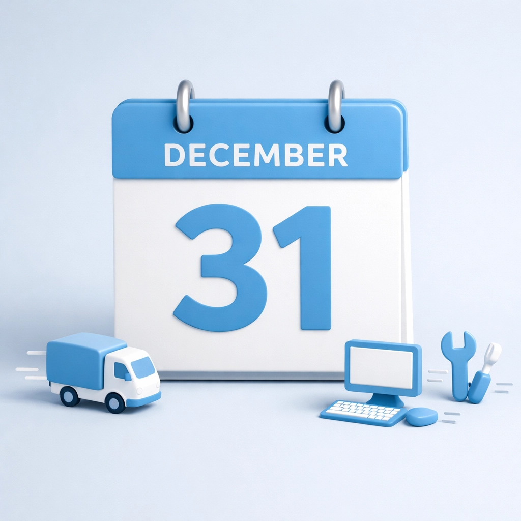 December 31 deadline calendar with business equipment racing to meet year-end tax requirements