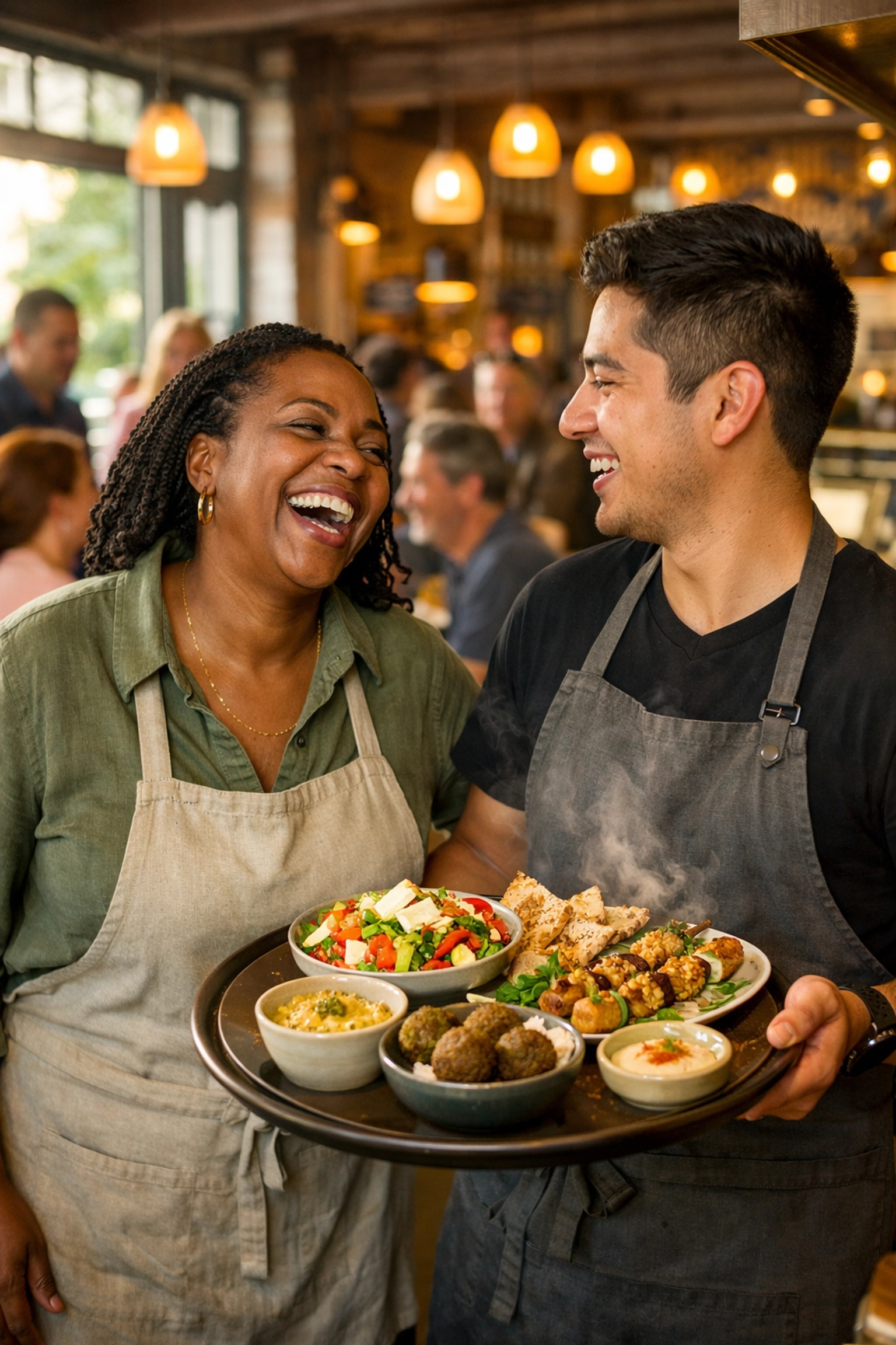Successful restaurant owner and staff in a busy dining room showing positive business growth results.