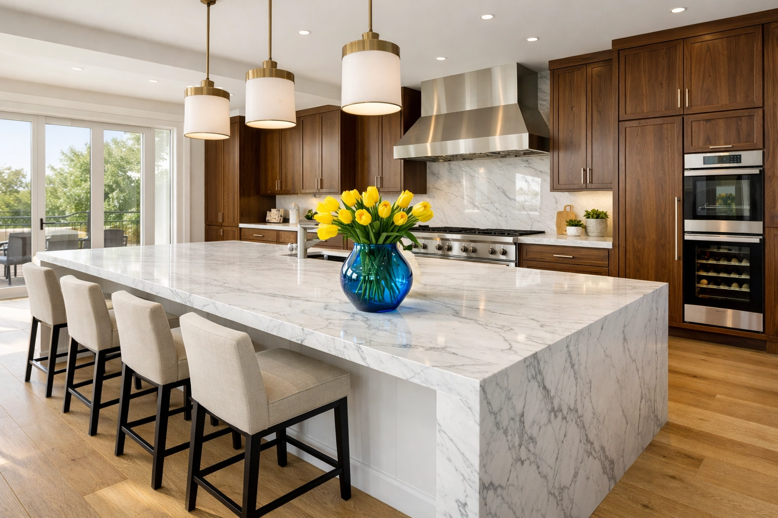 Pristine Hopkinton luxury cleaning results in a modern kitchen with marble and walnut finishes.