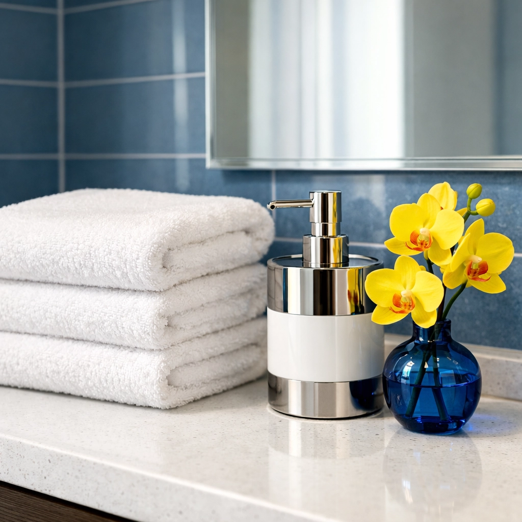Sparkling clean bathroom vanity with folded towels and a streak-free mirror in a Rockport home.