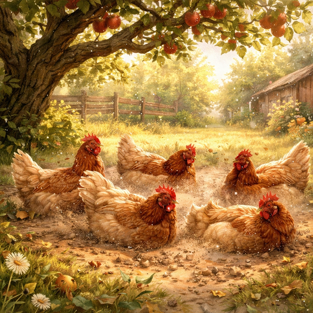 Content hens dust-bathing under an apple tree, representing animal care and ethical farm practices.