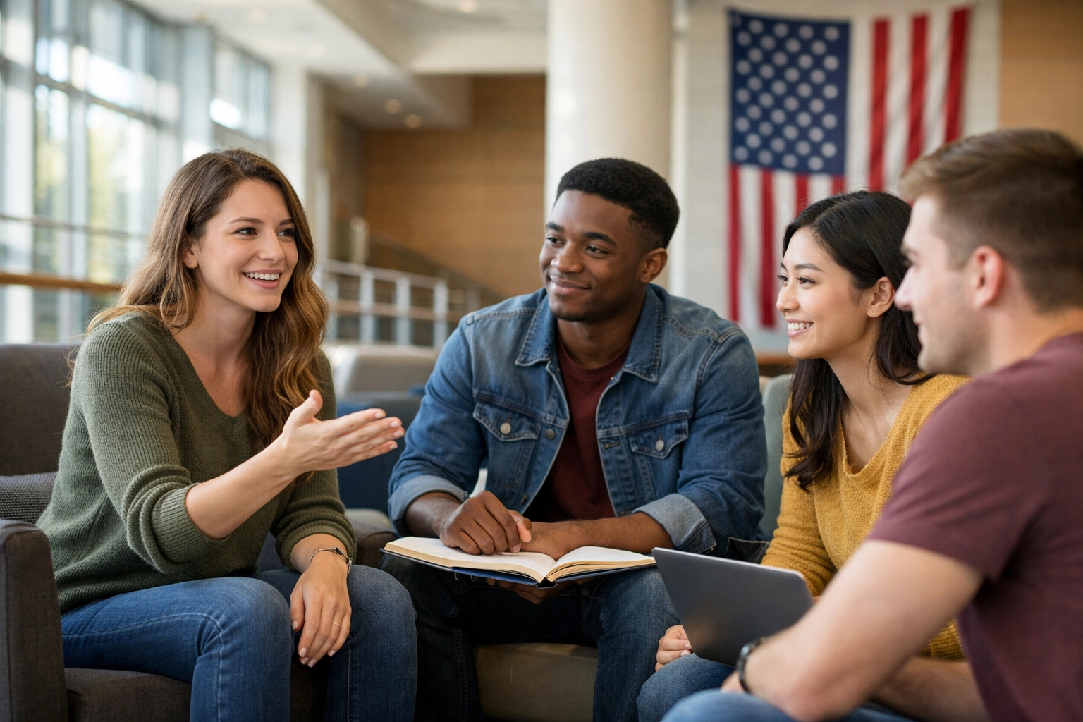 Diverse students engaging in a respectful discussion about civic leadership near an American flag.
