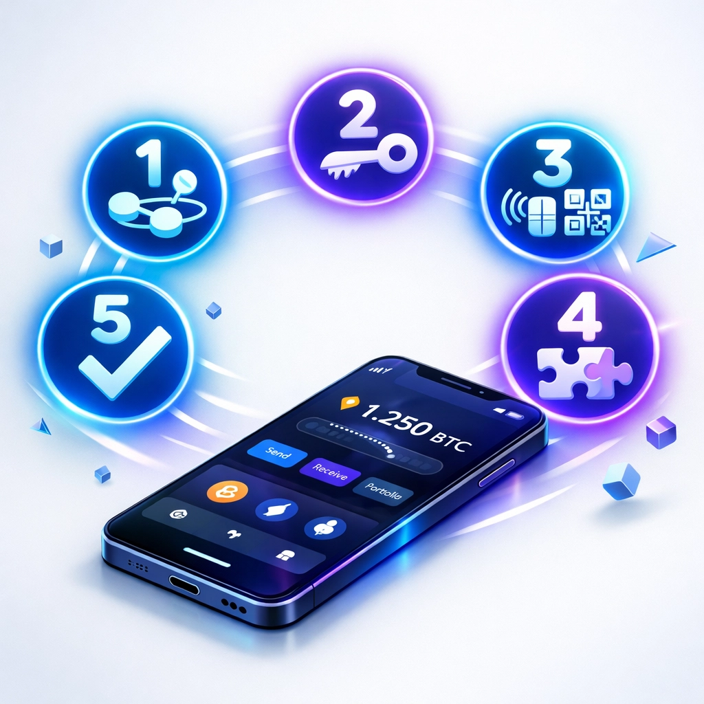 Five-step crypto POS setup process on mobile wallet interface