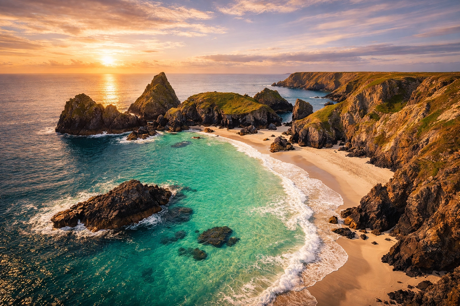 Aerial drone view of Kynance Cove's turquoise waters and cliffs, a popular Cornwall site for scattering ashes.