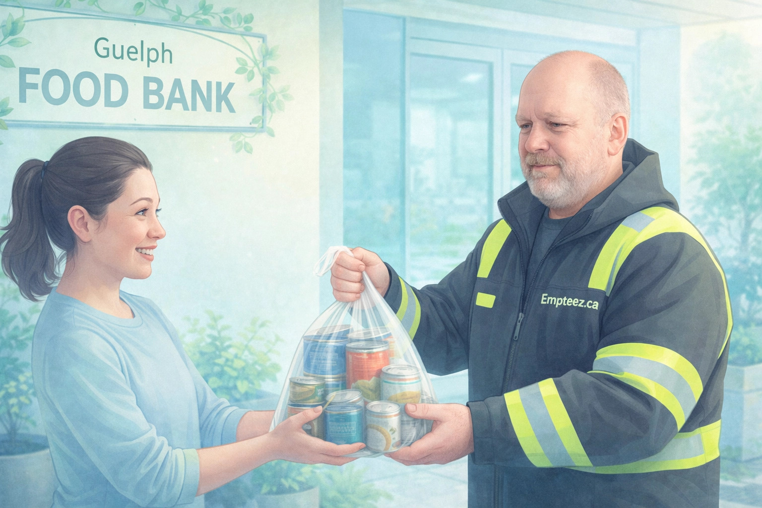 2D illustration of Tim “Can Man” Kemsley delivering a clear bag of food cans to the Guelph Food Bank entrance
