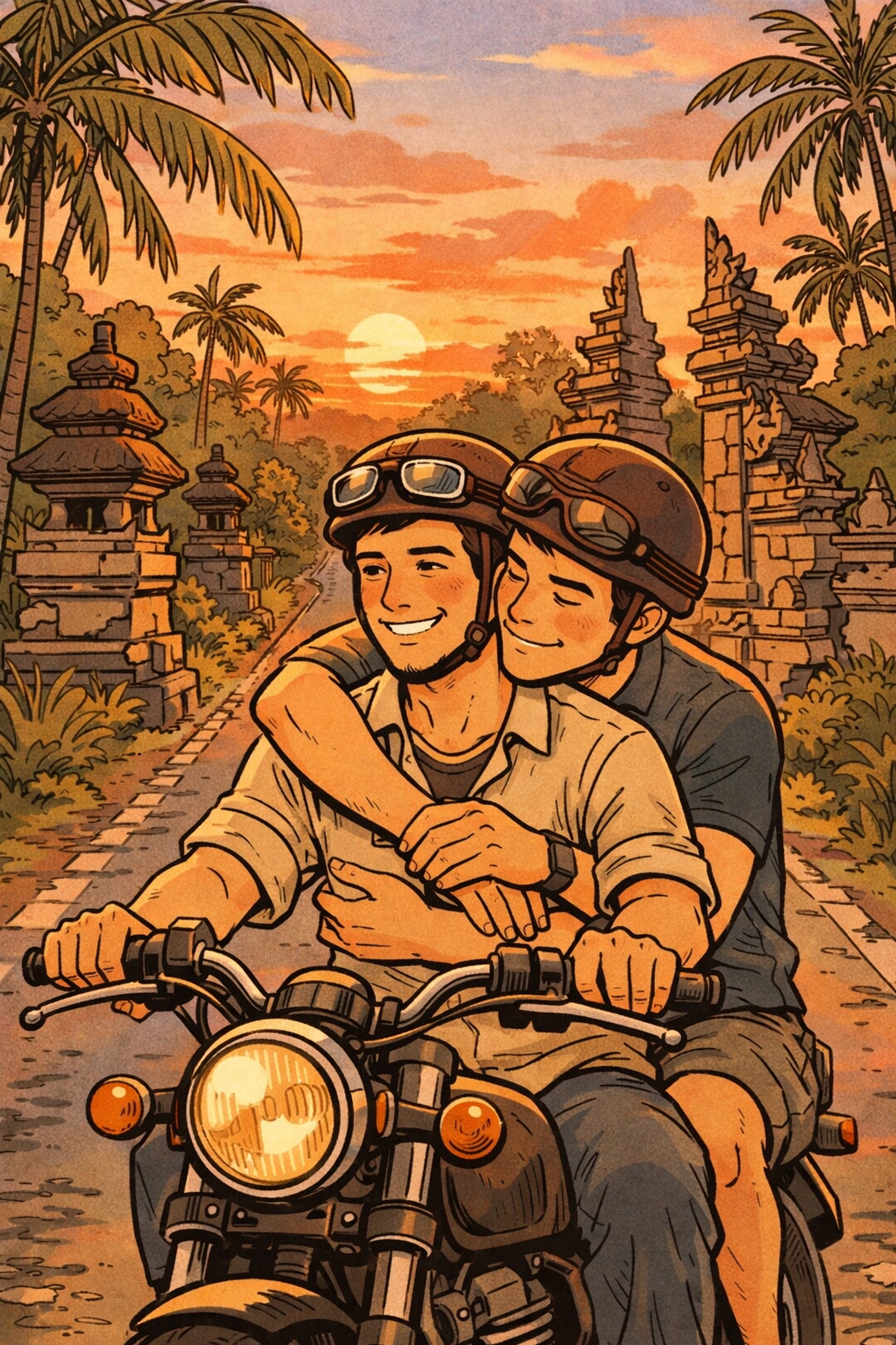 Two men on motorbike exploring Bali temples and palm tree-lined roads at sunset