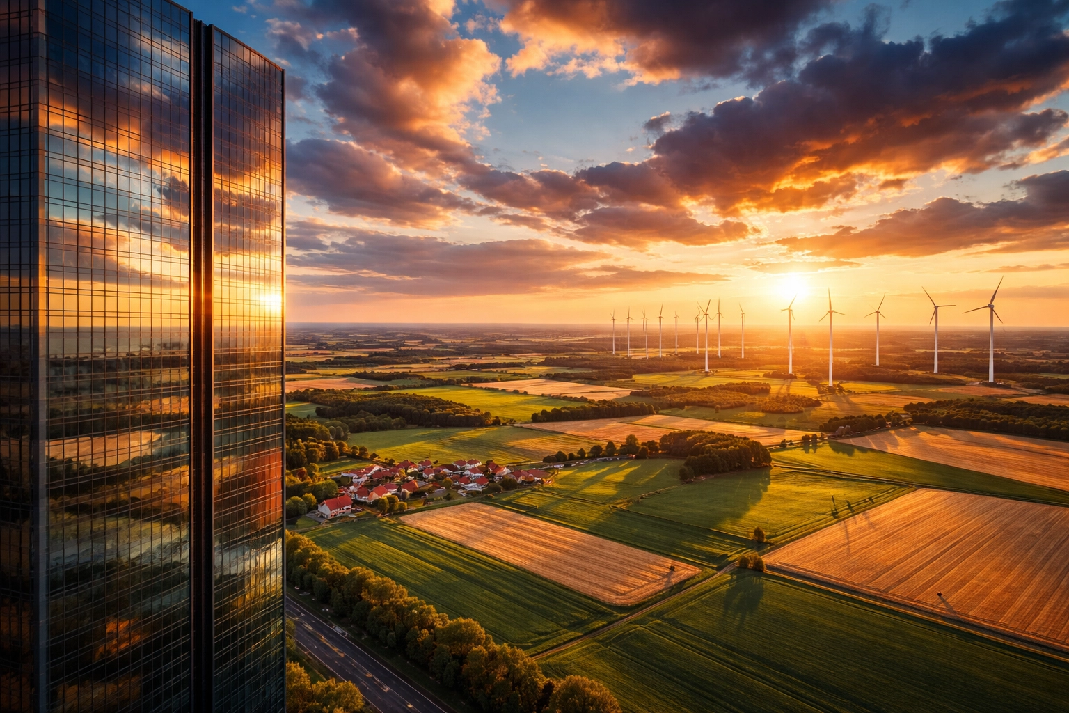 Aerial view blending skyscrapers, farmland, and wind turbines for diverse investment portfolio representation.