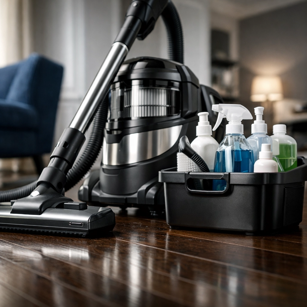Professional house cleaning Shirley MA equipment including a HEPA vacuum and supplies on polished hardwood floors.