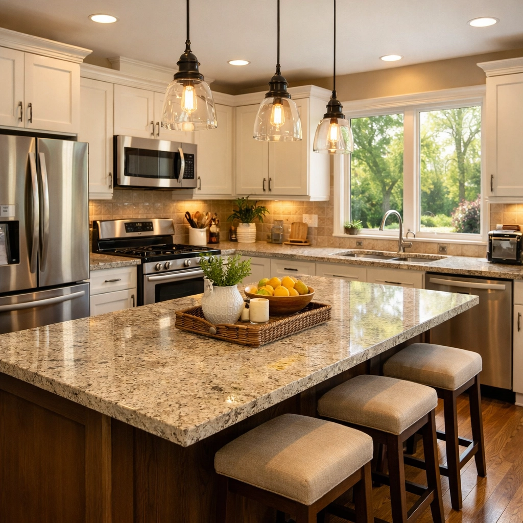 Modern updated kitchen in $800k Glenview or Barrington home with granite counters and island