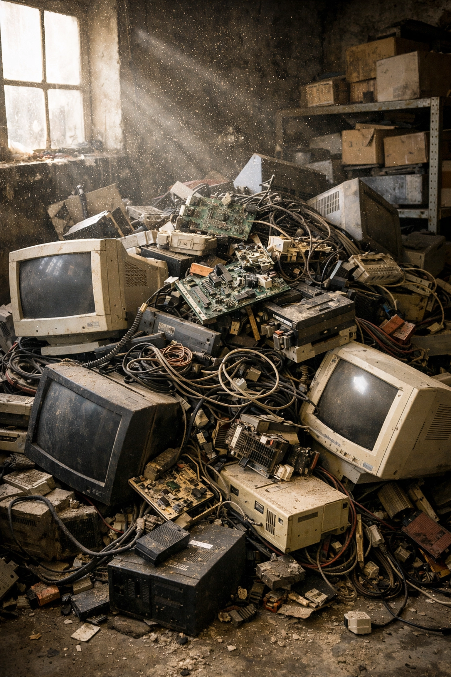 Pile of discarded business IT equipment and e-waste awaiting proper WEEE recycling