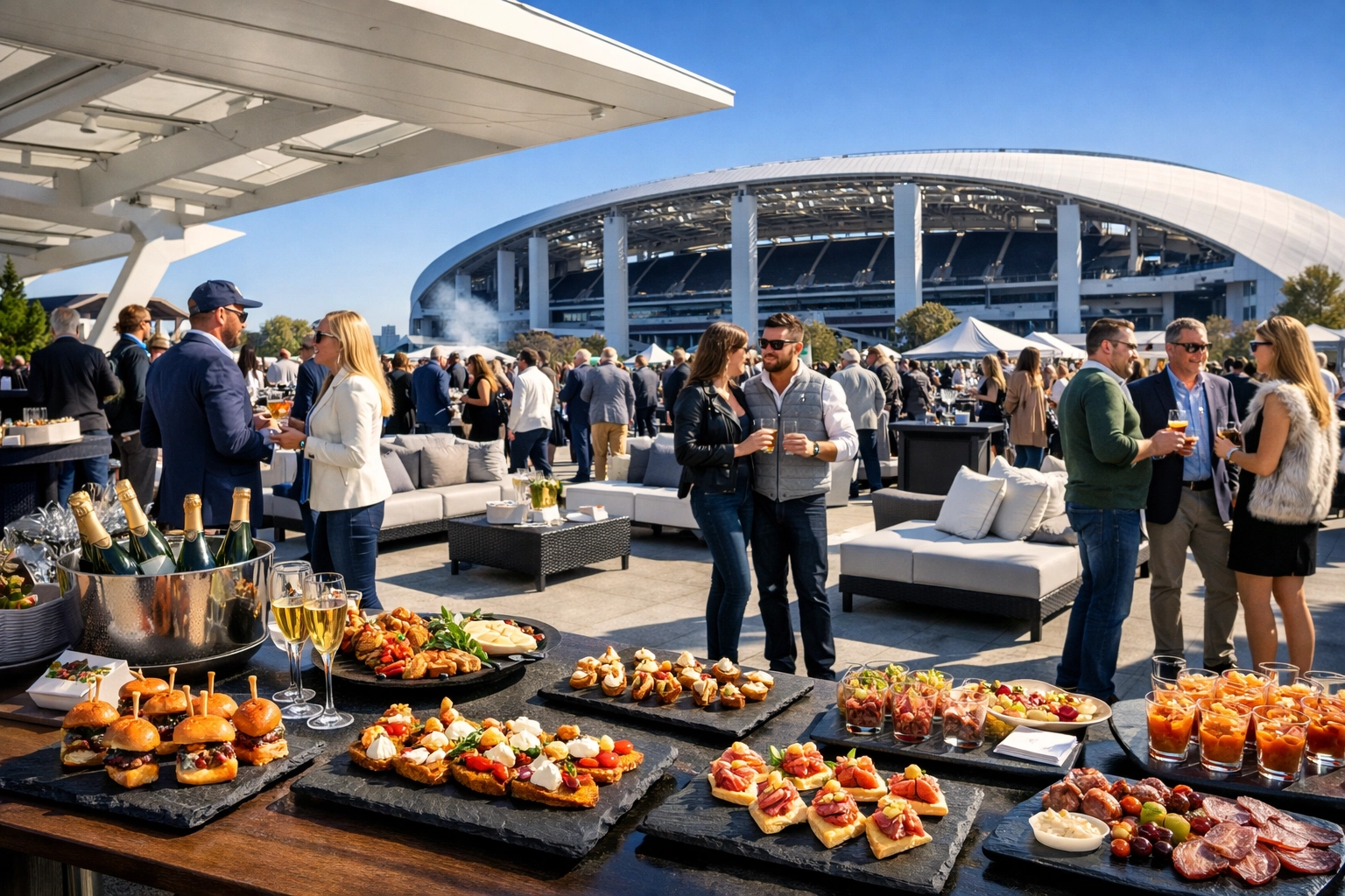 An upscale VIP tailgate event with gourmet catering near a modern football stadium.