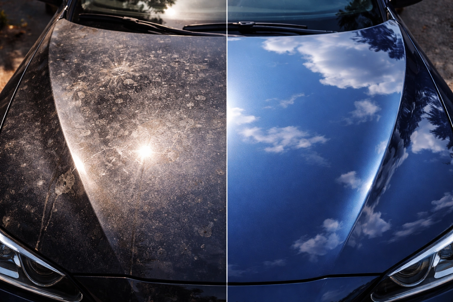 Side-by-side comparison of damaged and protected car paint, showing benefits of car paint protection systems