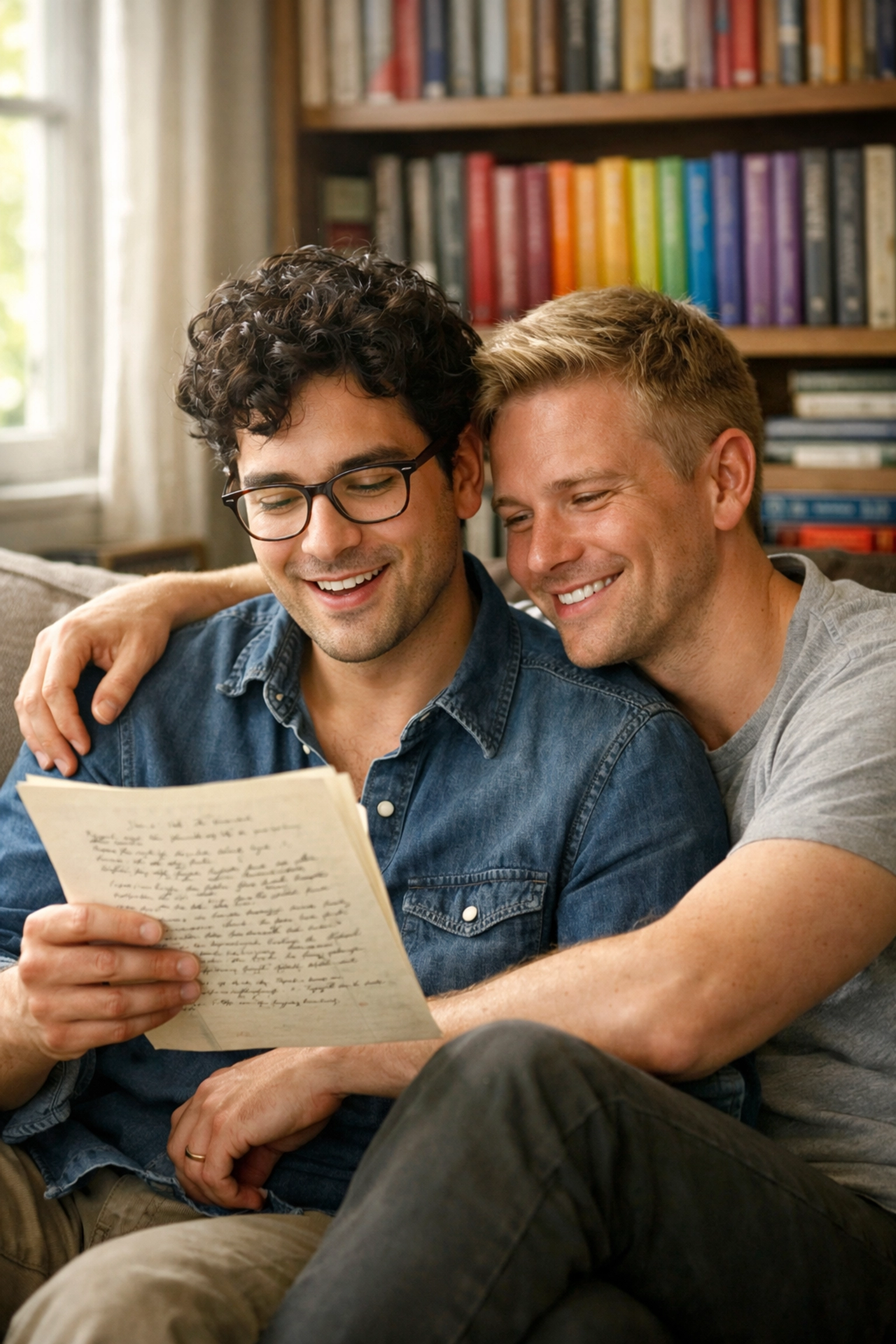 Gay couple reading MM romance manuscript together surrounded by LGBTQ+ books in home library