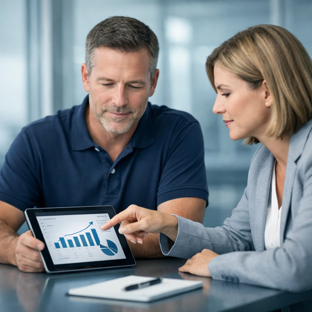 Business owner and advisor discussing a professional valuation for an Alabama HVAC company sale.