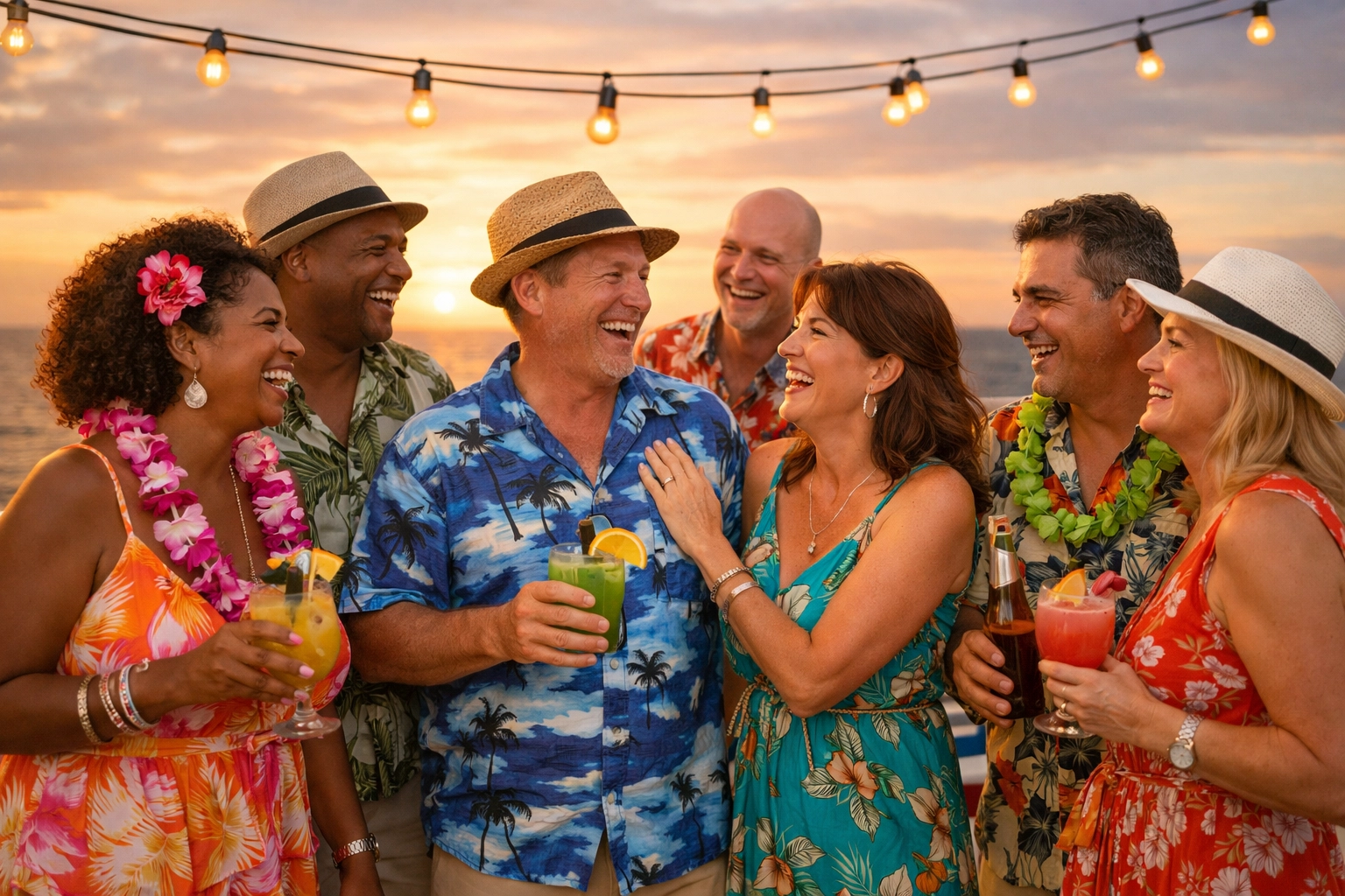 Couples socializing on lifestyle cruise deck at sunset with tropical drinks