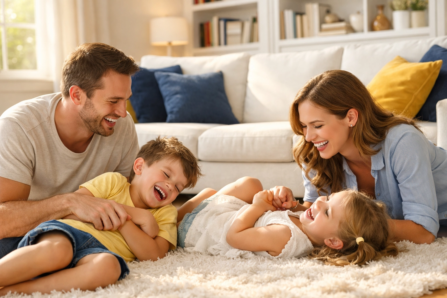 A happy family relaxing in a spotless living room after professional deep cleaning Worcester services.