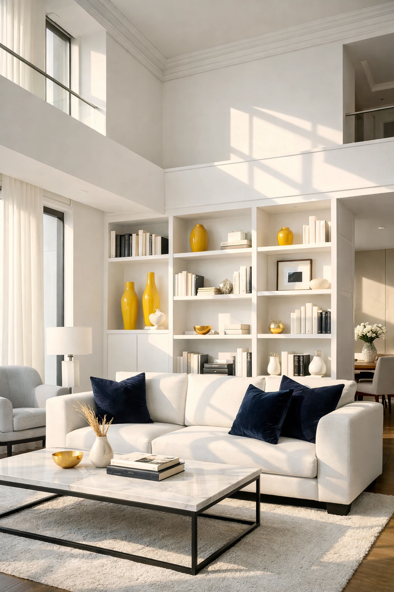 Modern apartment interior in Bolton, MA, featuring dust-free bookshelves and professional organization.