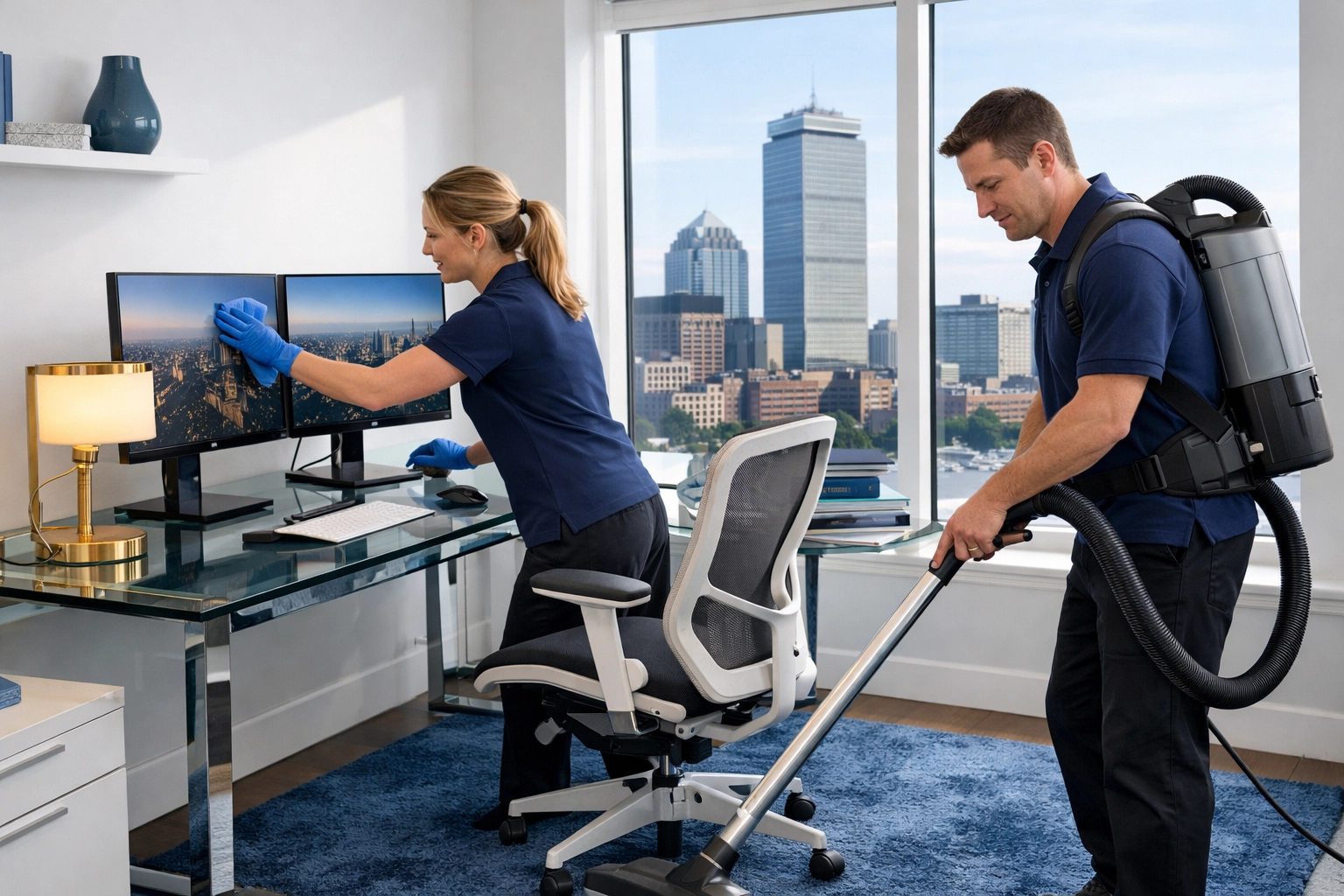 Team providing fast house cleaning Boston in a high-tech home office overlooking the city.