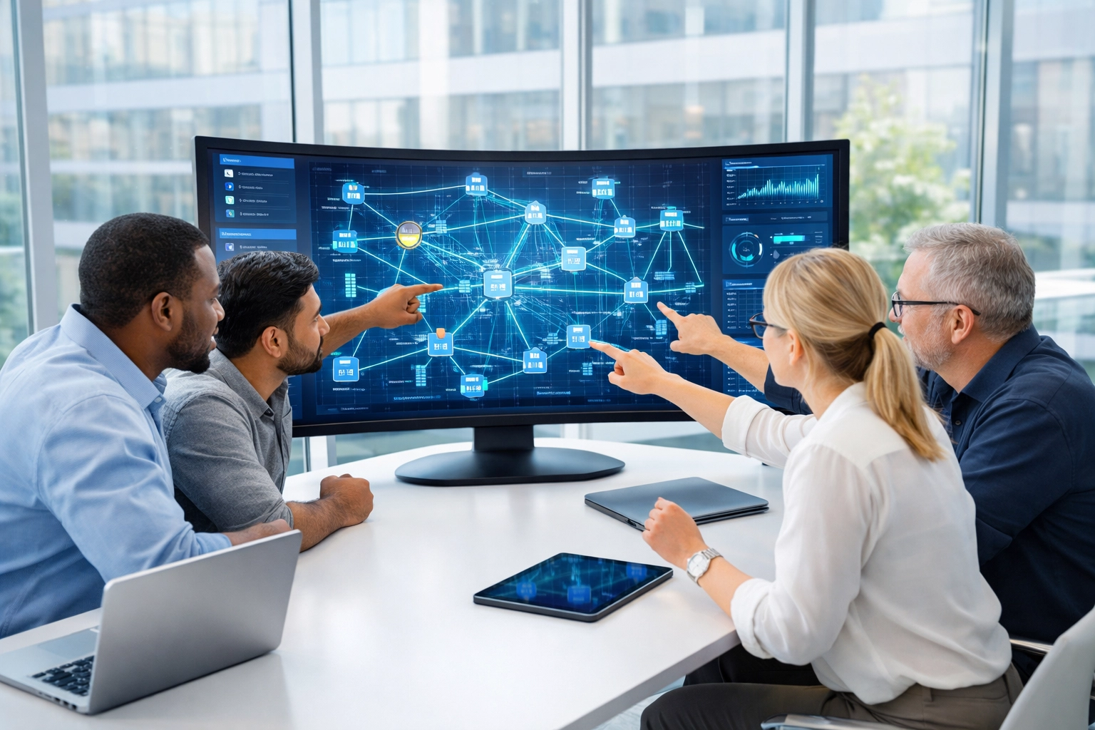 IT team collaborating on ITOM implementation with ServiceNow network topology mapping