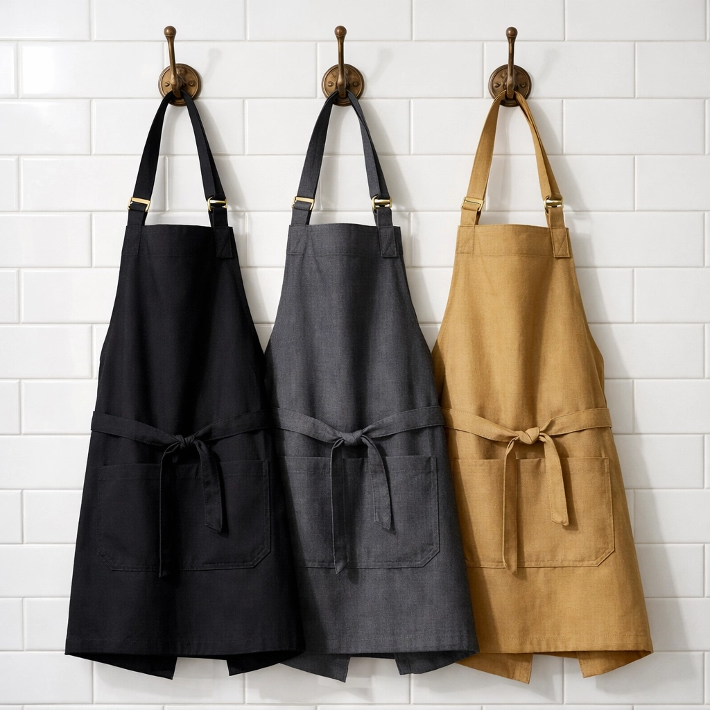 Professional black, grey, and khaki hospitality aprons hanging in a modern kitchen.