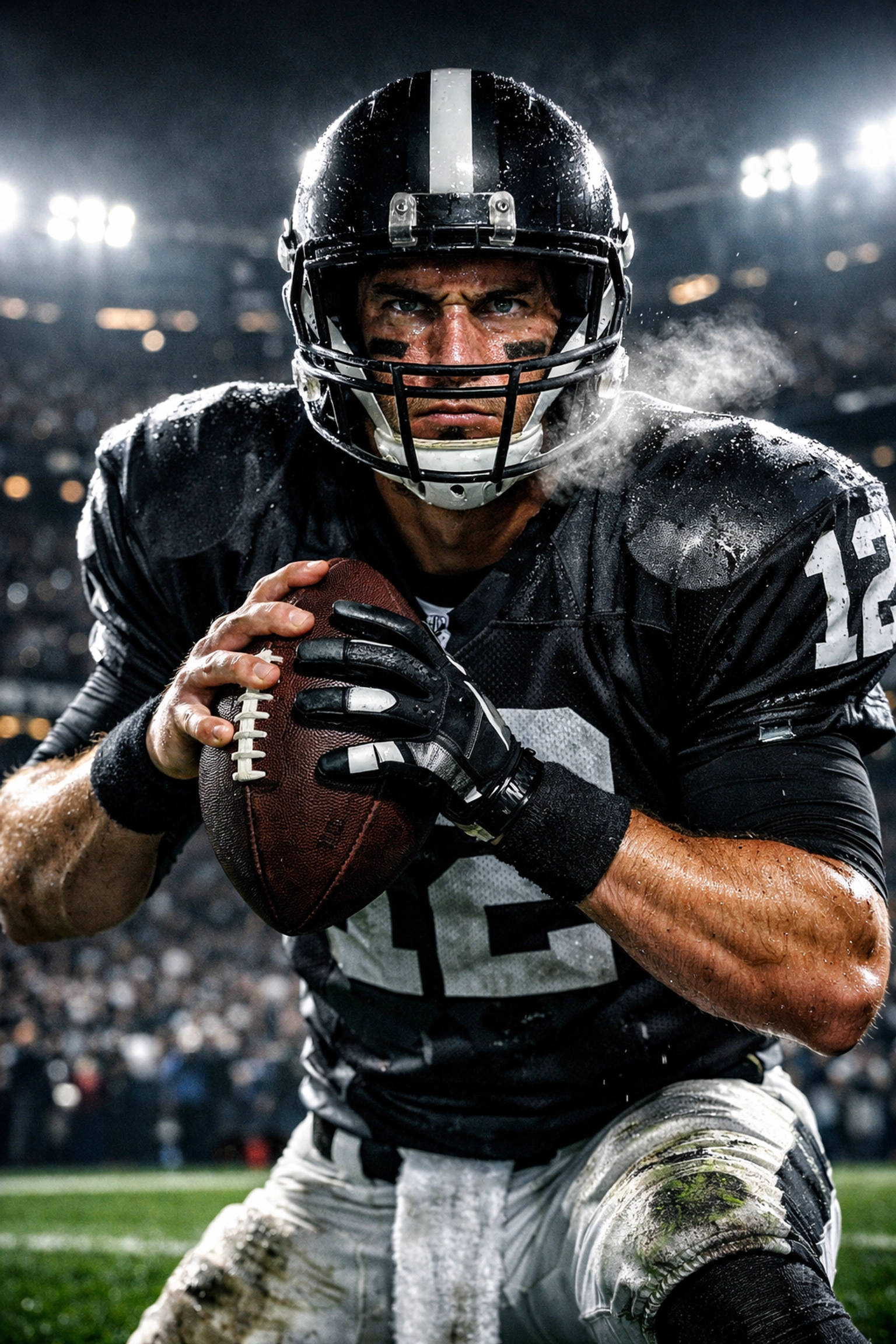 Focused American football quarterback displaying the mental toughness and tunnel vision needed for Super Bowl success.