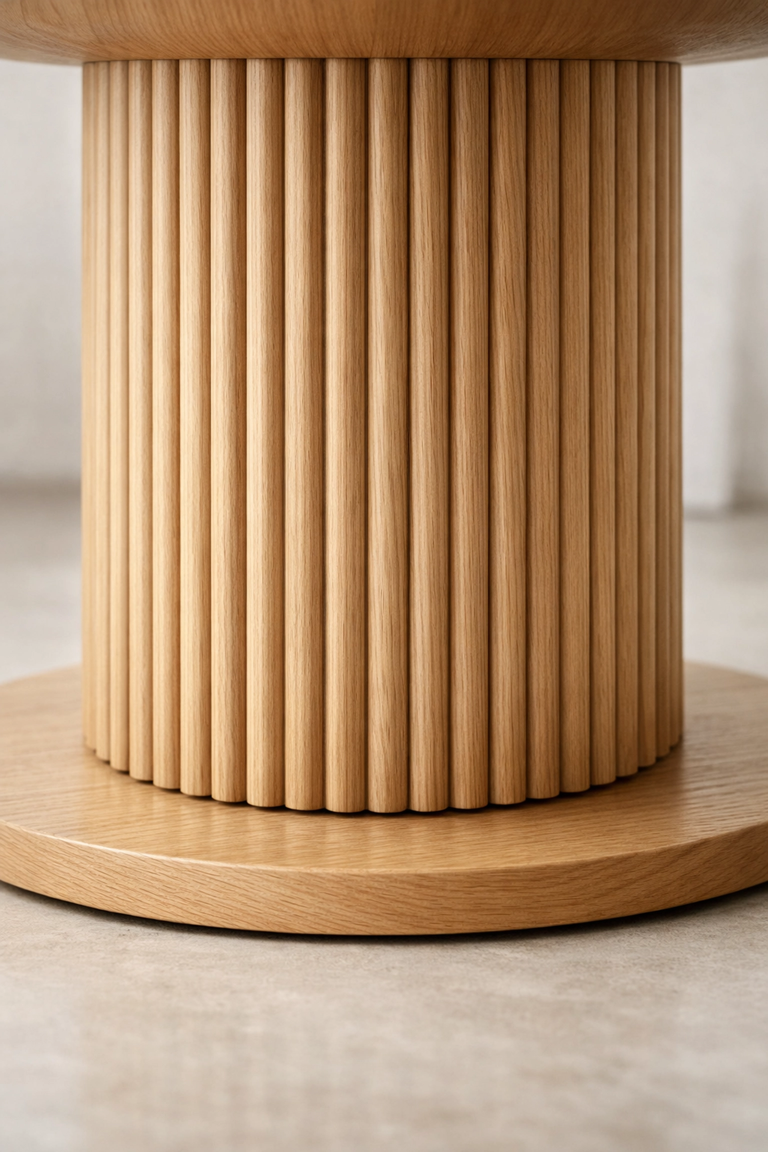 Close-up of a textured fluted wood base on a light oak pedestal dining table.