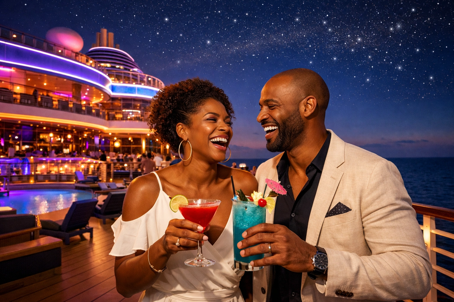 Couple enjoying evening drinks on a deck booked by a Lifestyle Cruises travel agent.