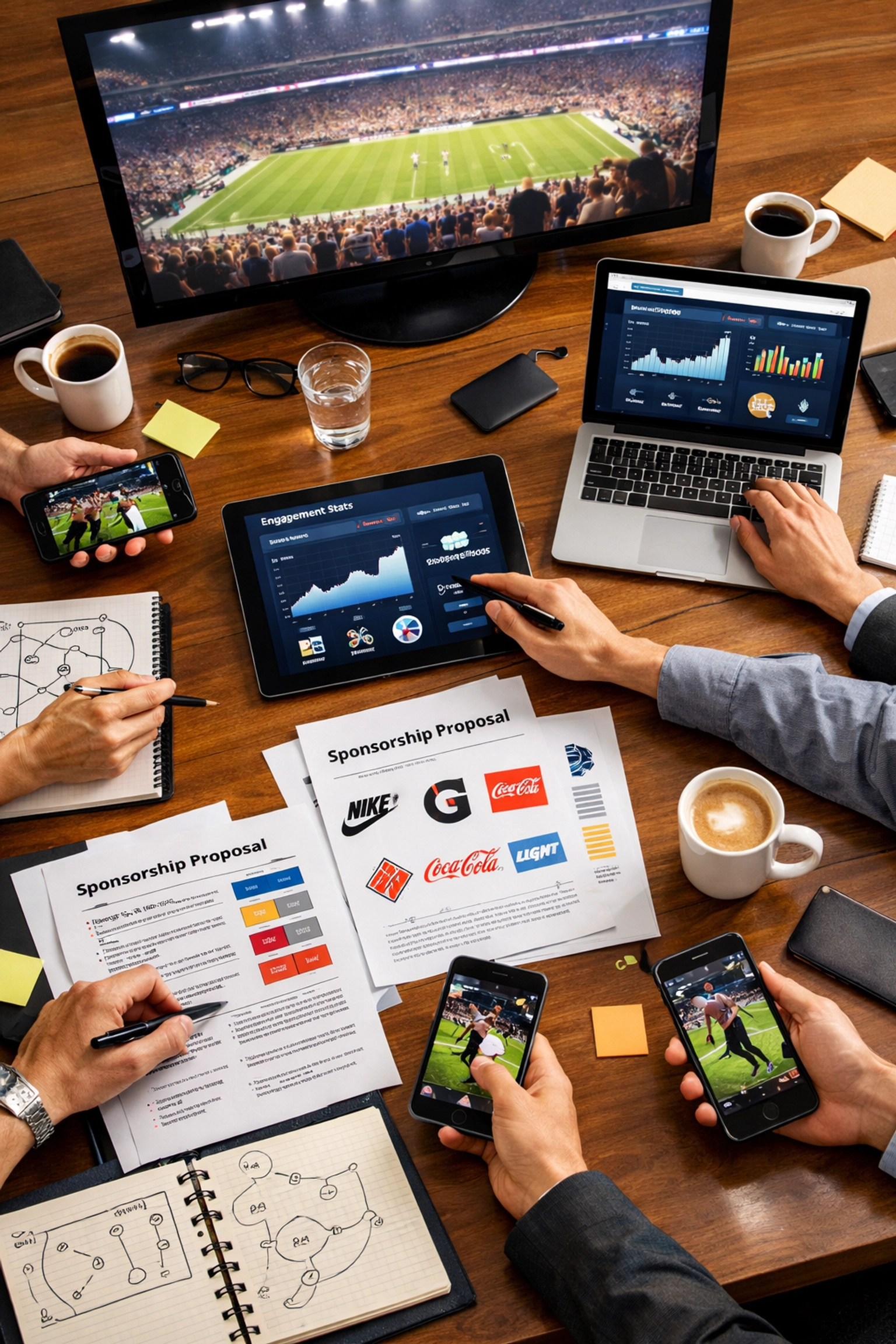 Sports marketing agency team reviewing digital analytics and sponsorship strategies at conference table