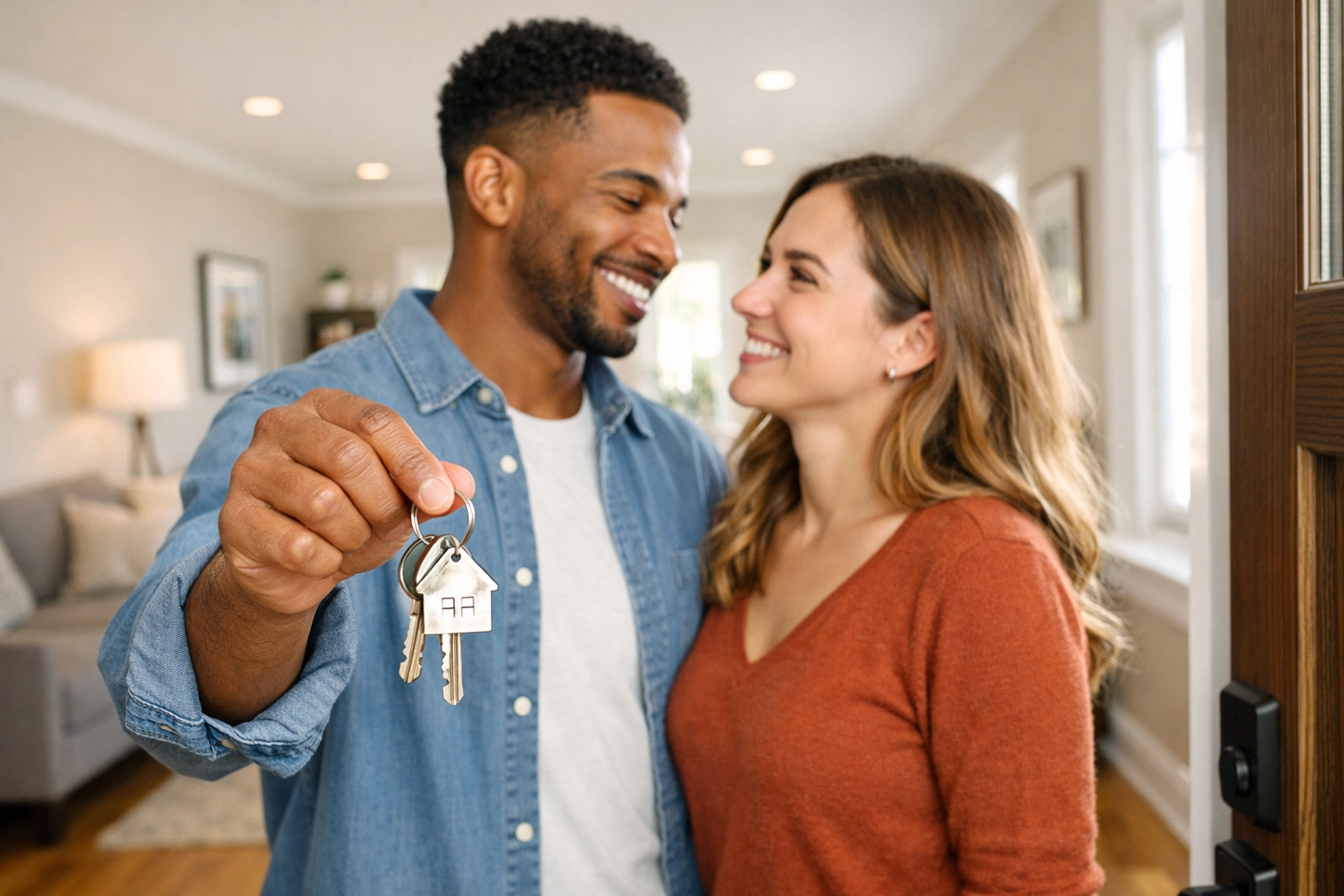 Couple holding house keys in a Philadelphia home, illustrating the rent-to-own path to homeownership.