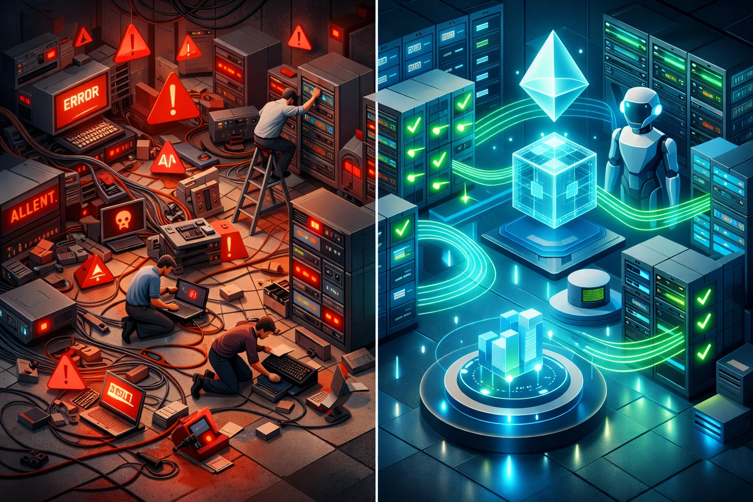 Before and after comparison of manual IT ops versus ServiceNow ITOM automation with self-healing