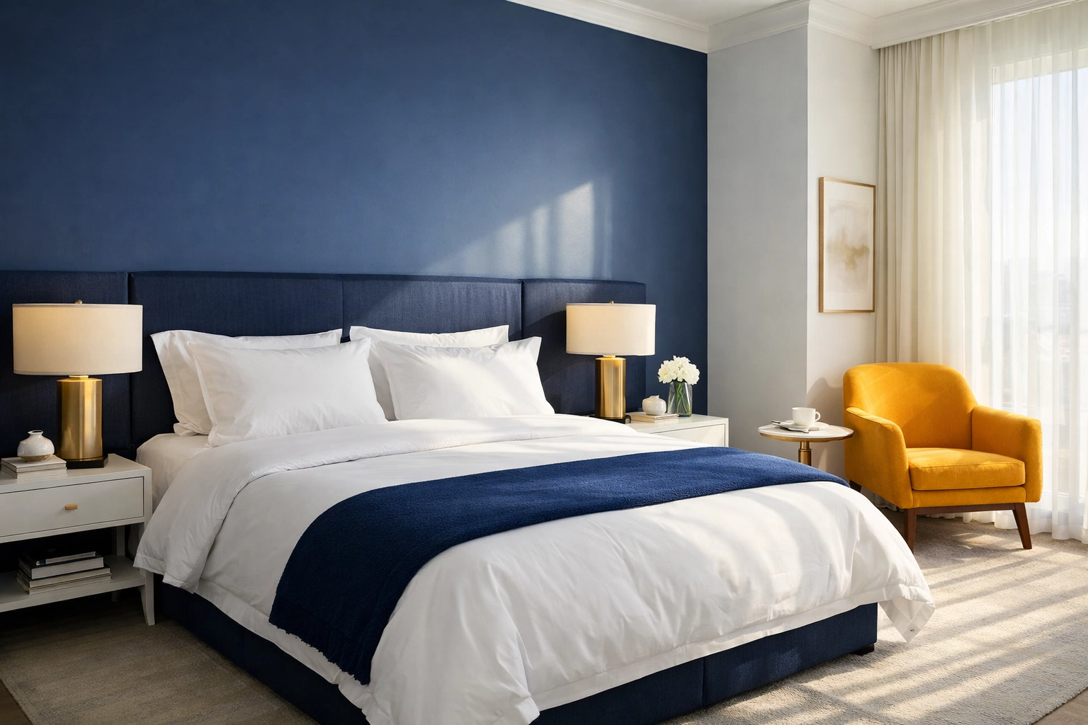 Tidy, serene bedroom suite reflecting the stress relief provided by expert weekly house cleaning in Townsend.