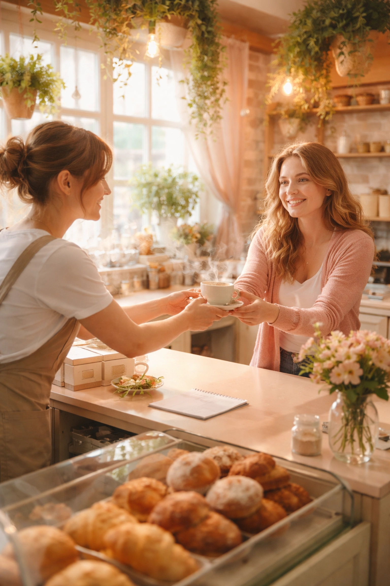 Felixstowe barista serving coffee to a smiling customer in a warm, welcoming cafe atmosphere.