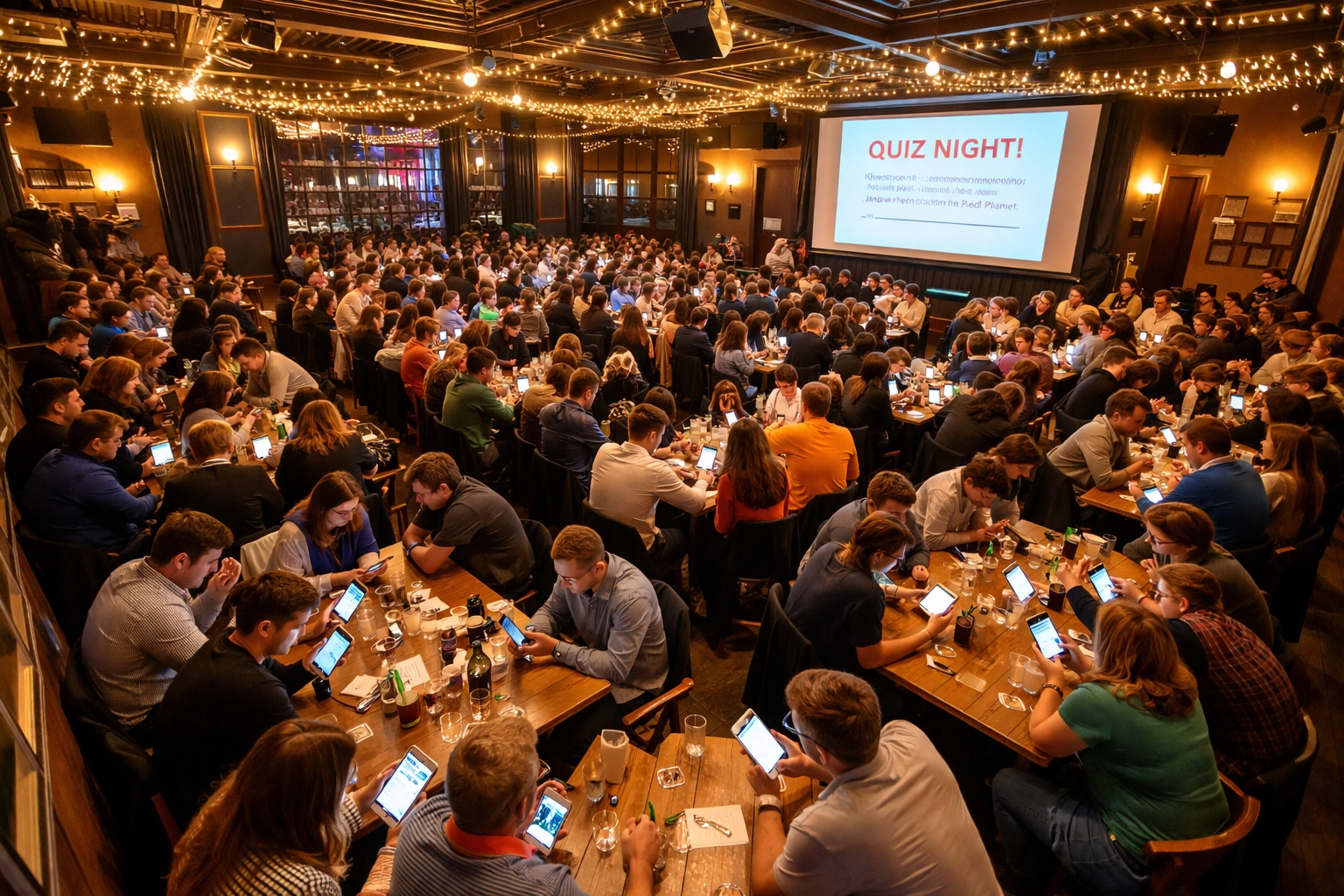 Packed pub function room with teams using smartphones for a large-scale modern quiz event