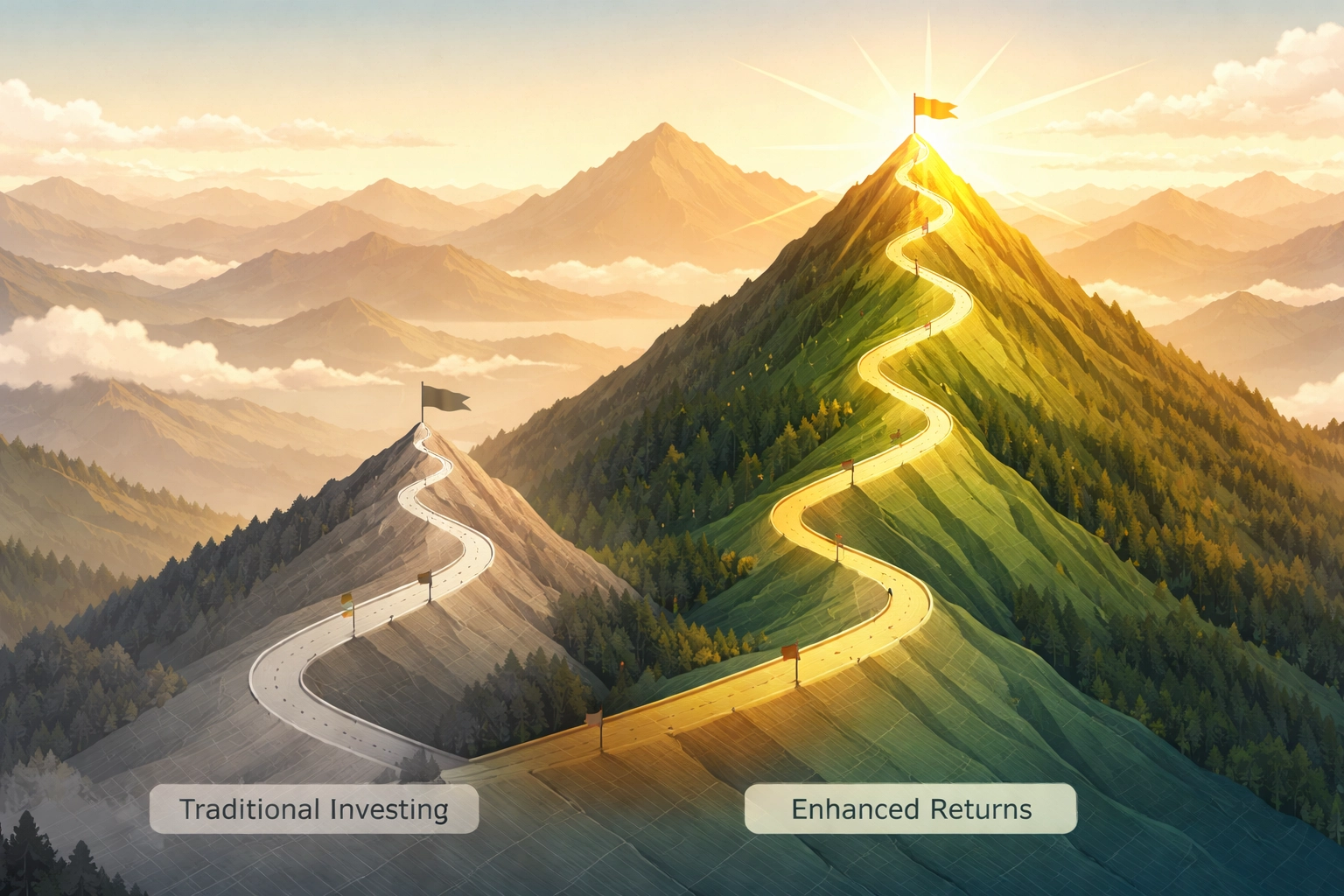 Mountain paths representing traditional versus alternative investment returns, highlighting 40/30/30 portfolio benefits.