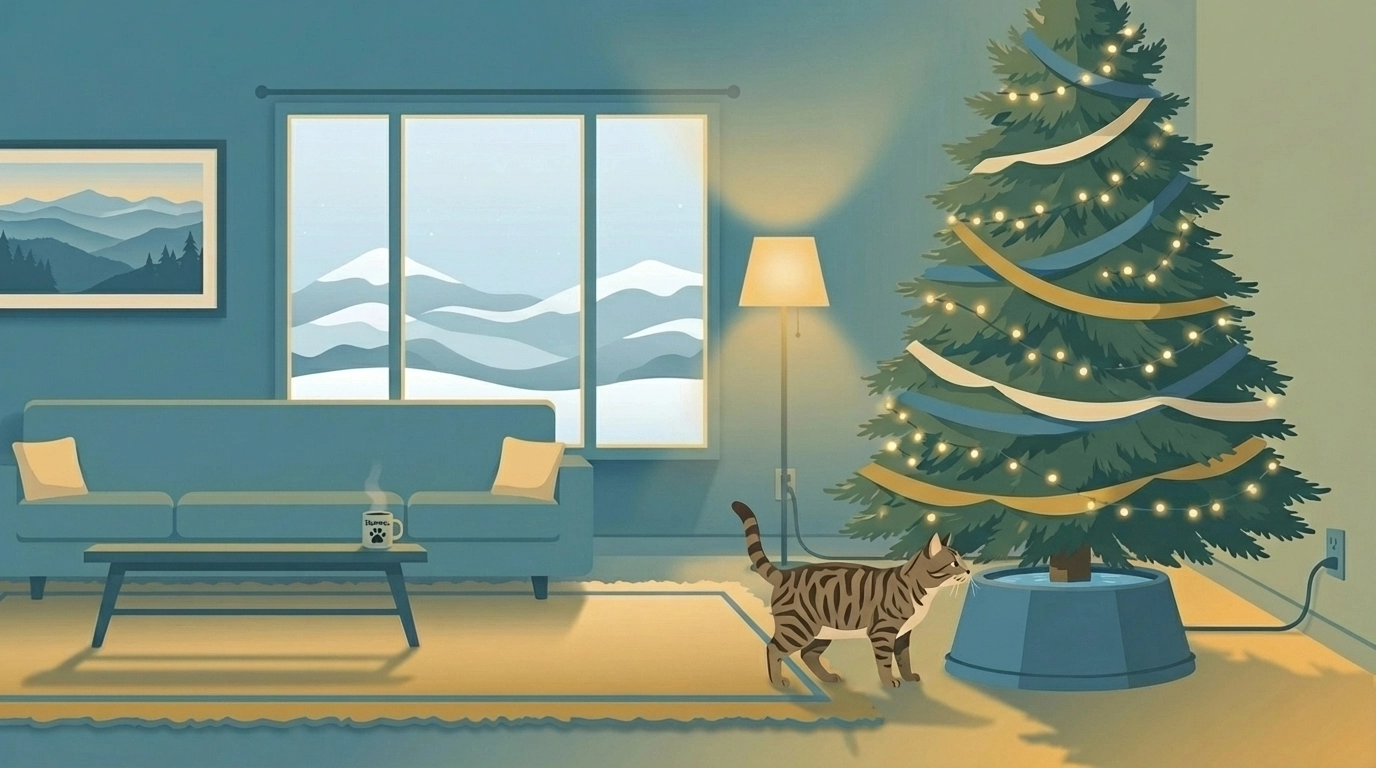 A curious cat looking at the Christmas tree. 