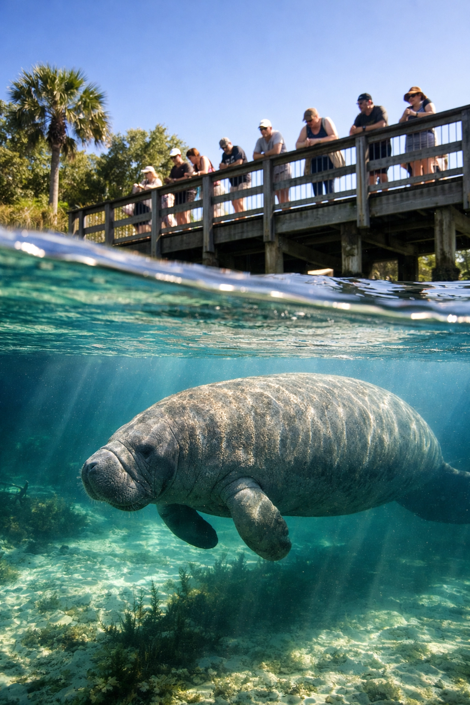 Manatee swimming in canal waters at Sirenia Vista Park viewing platform in Cape Coral