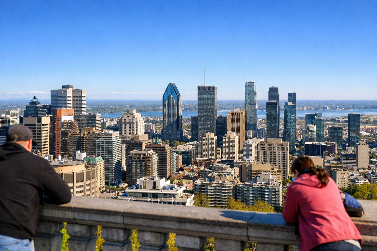 Panoramic view of the Montreal skyline from the Kondiaronk Belvedere on Mount Royal on a sunny spring day.