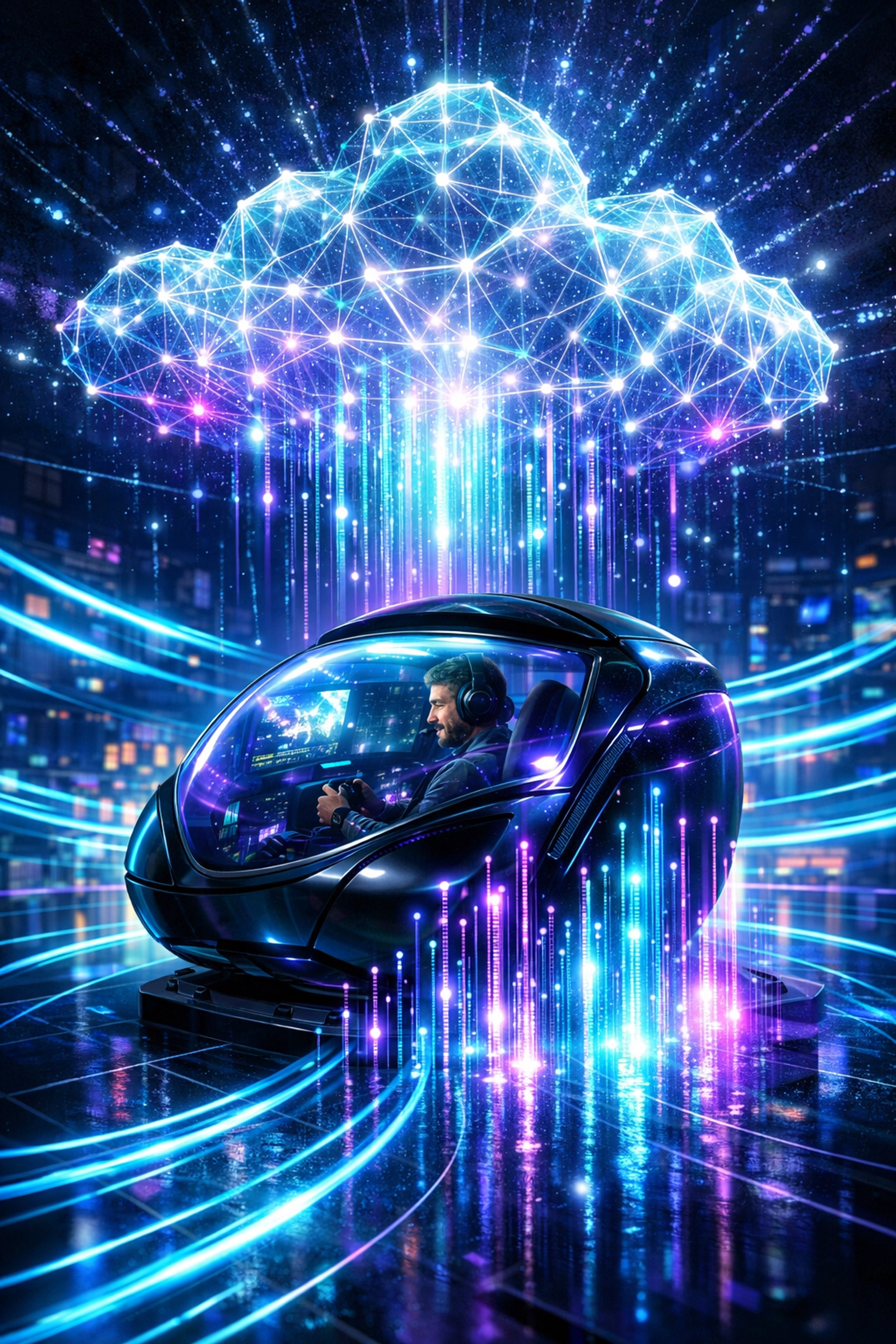 Futuristic EsportsPod connected to cloud infrastructure with a gamer enjoying high-fidelity performance.