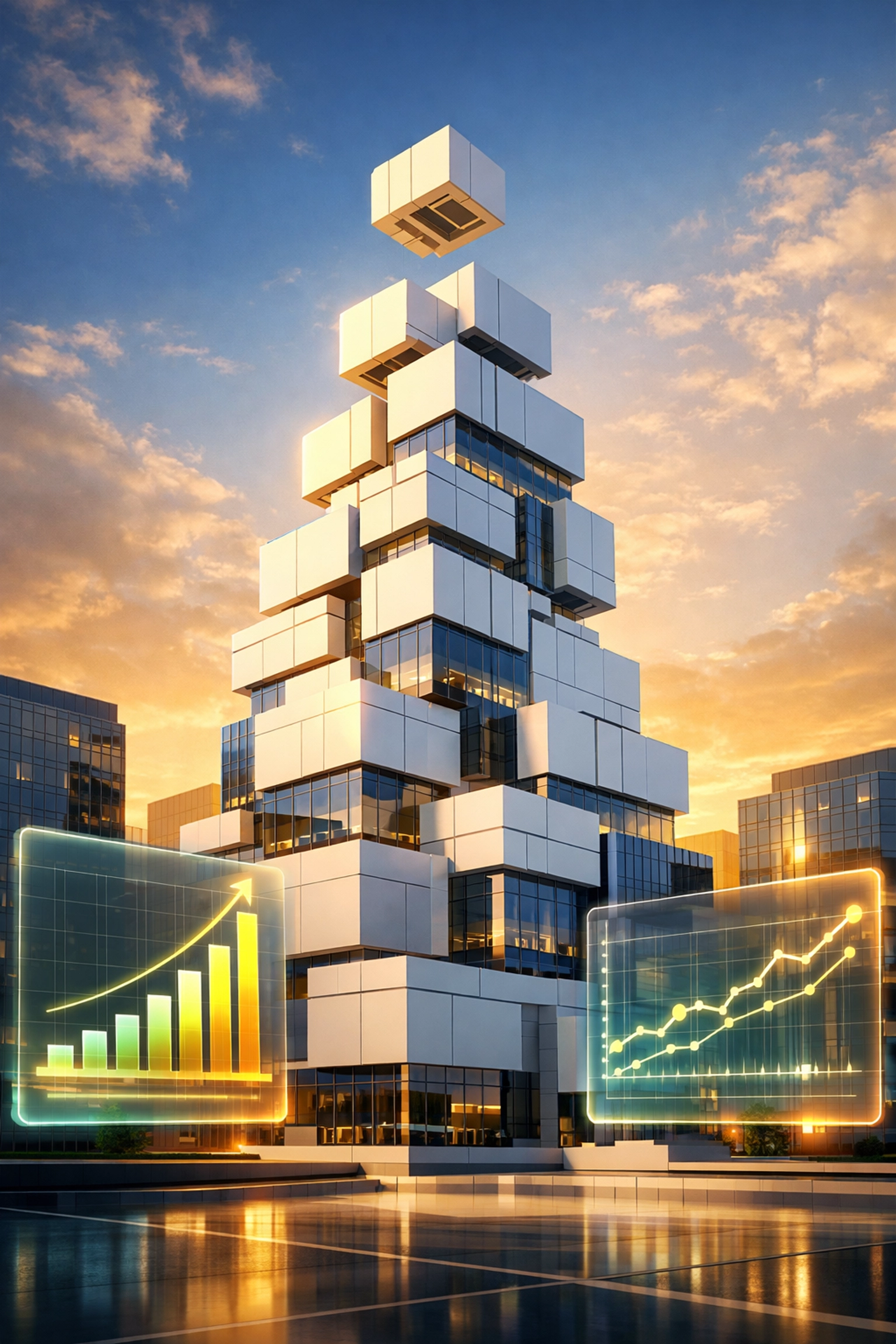 
![Modern office building with rising growth charts representing scalable managed IT services.
