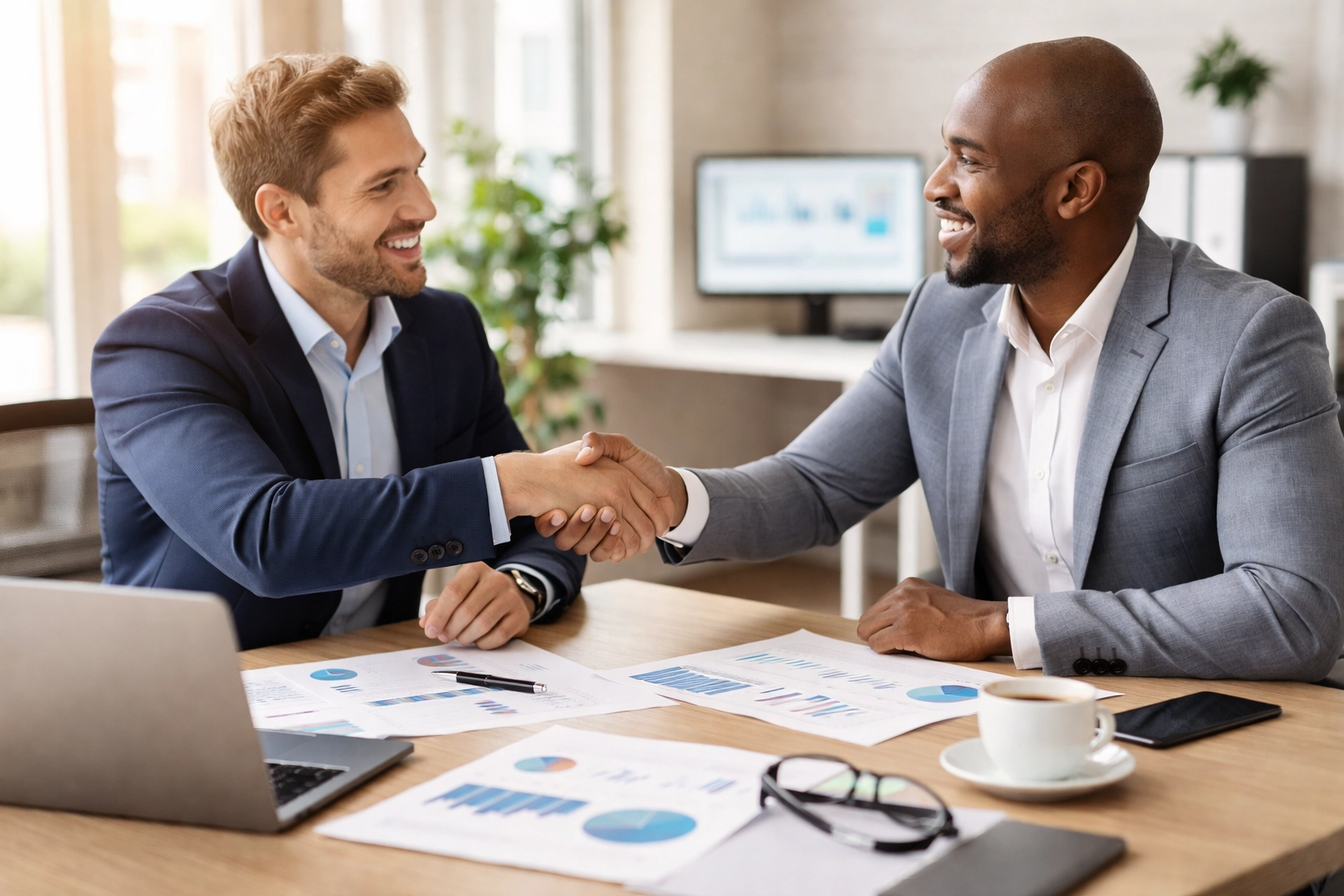 Business partners finalize ServiceNow consulting agreement with a handshake in a modern office