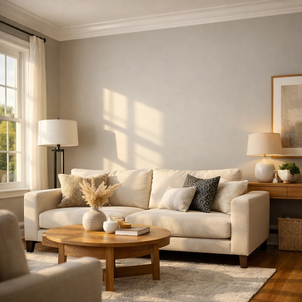 Professional interior painting Orlando living room with neutral gray walls and natural light
