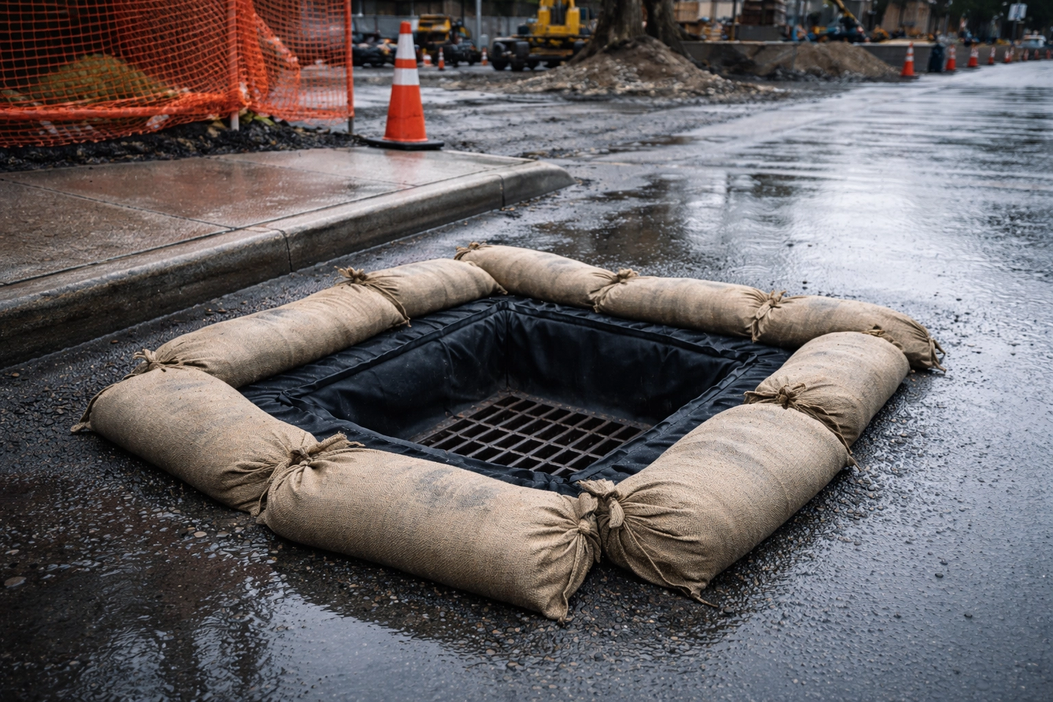 Storm drain inlet protection filter installed at curb