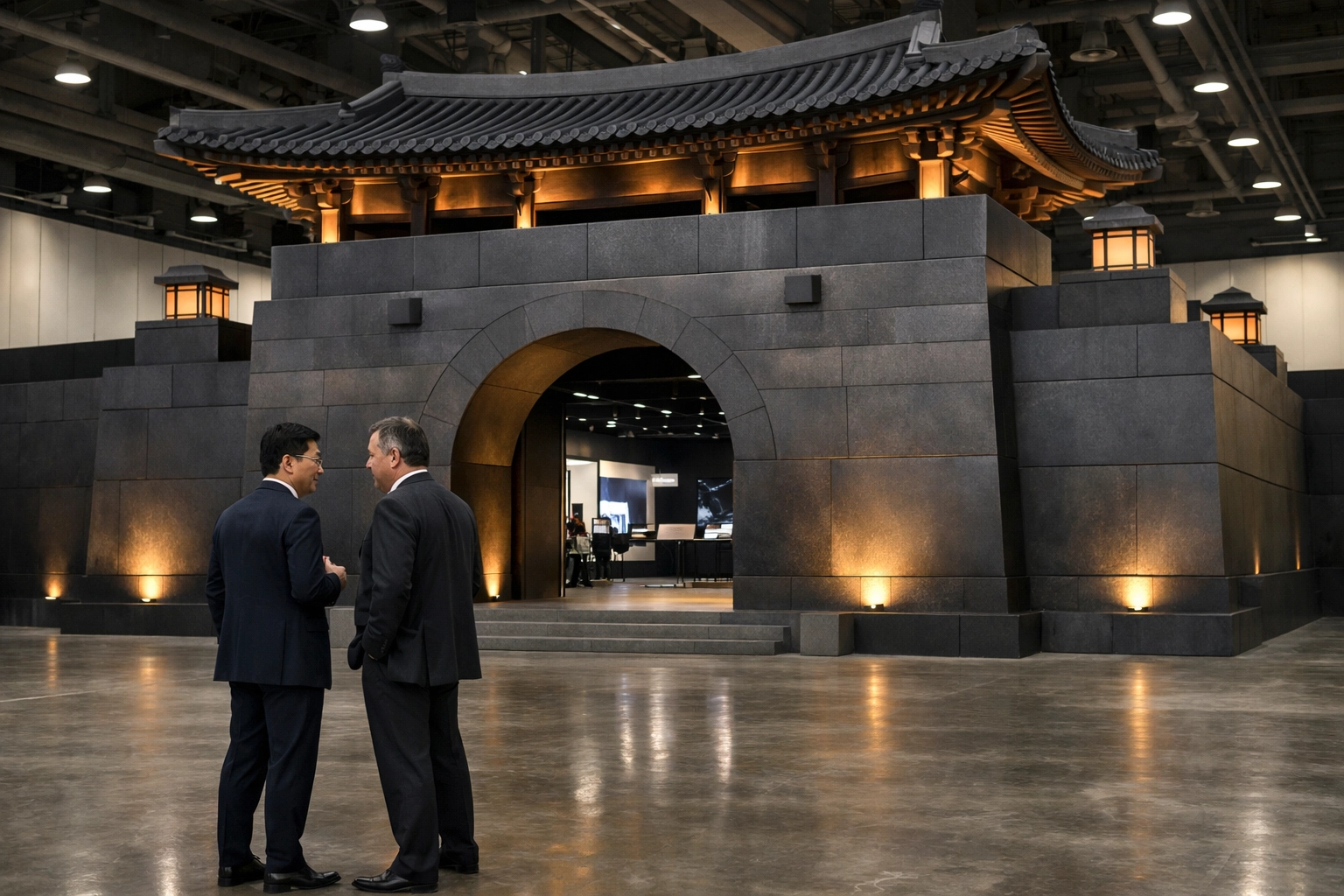 Business leaders discuss global mobility consulting at the Korean tech innovation pavilion during MWC 2026.