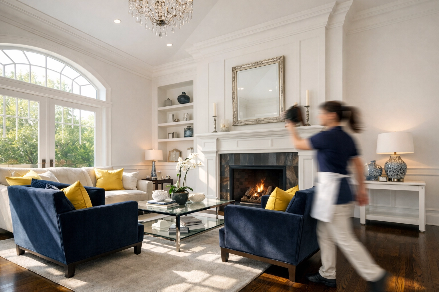 Professional house cleaner dusting a luxurious living room mantel in a Southborough home.