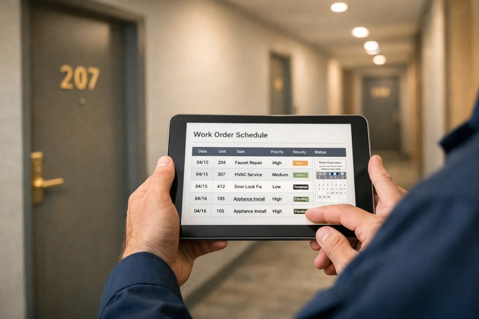 Maintenance technician using tablet to coordinate apartment turnover work orders