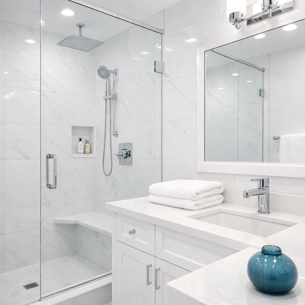 Deep-cleaned bathroom with sparkling tiles and chrome fixtures for a stress-free Worcester move-out.