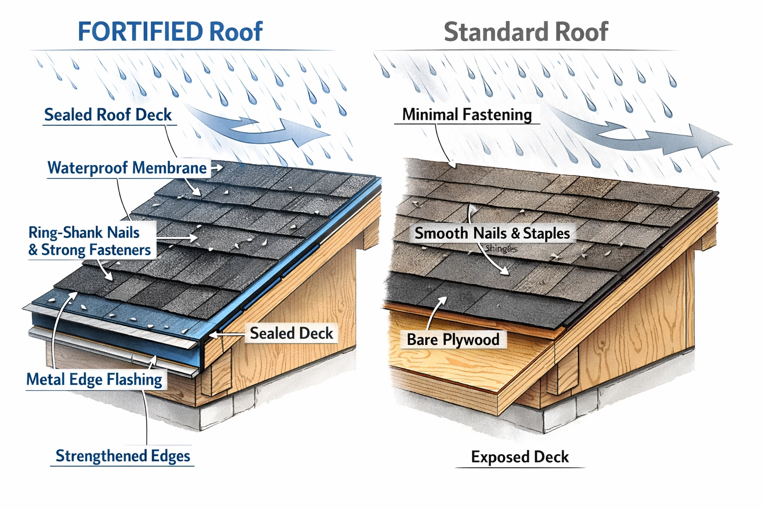 Side-by-side comparison of FORTIFIED roof construction vs standard roofing system for coastal NC homes