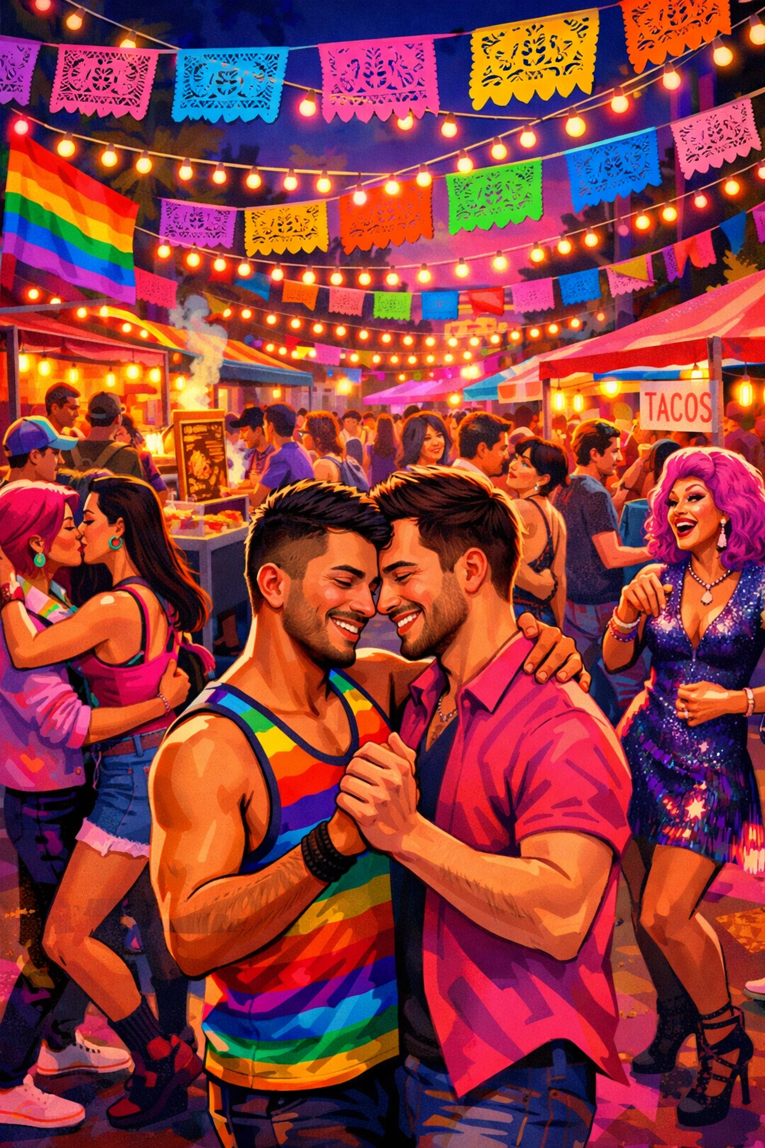 LGBTQ+ street celebration in Zona Rosa with dancing couples and decorations