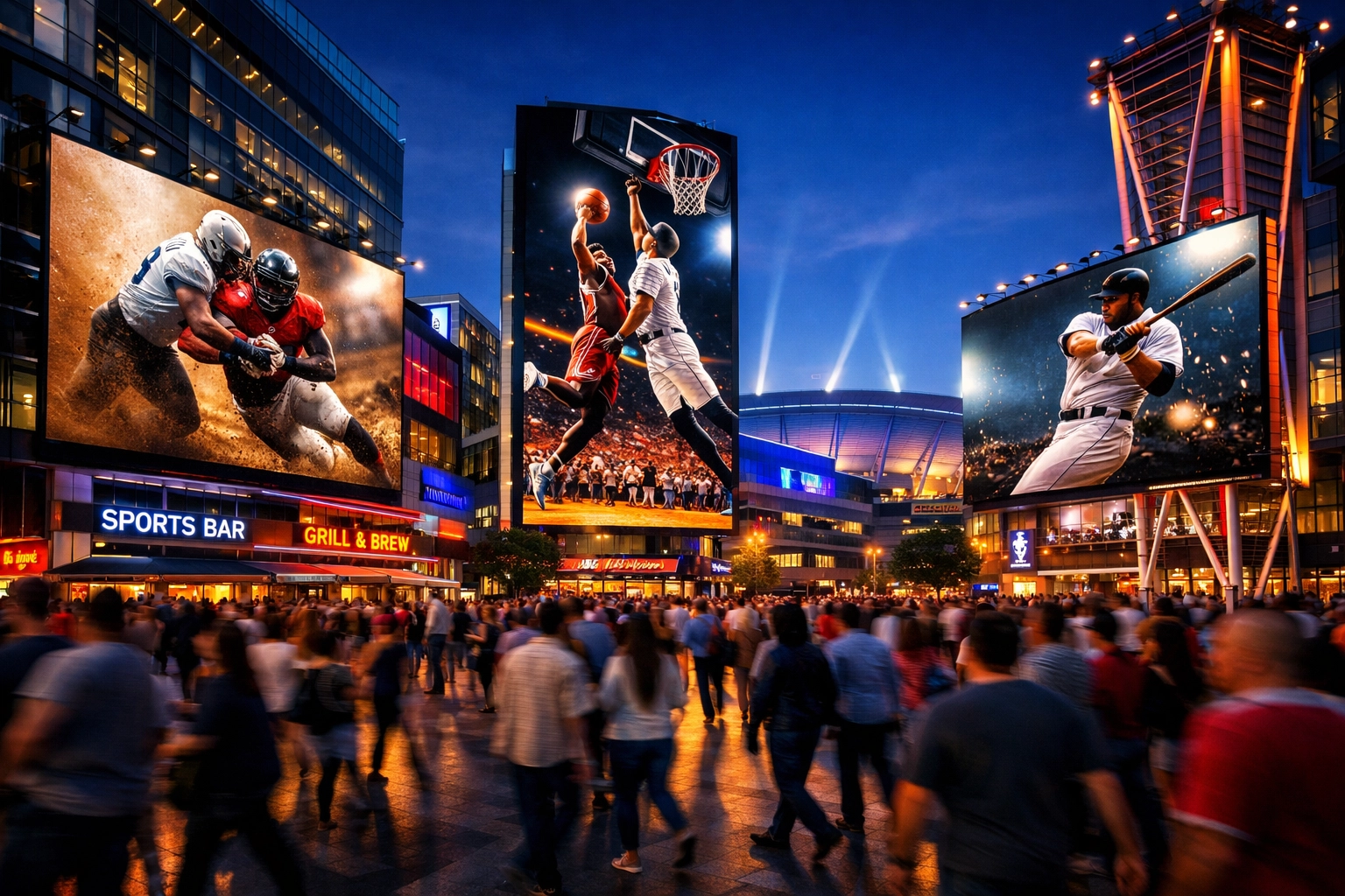 Large digital out-of-home billboards displaying sports ads near a sports stadium for media buyers.