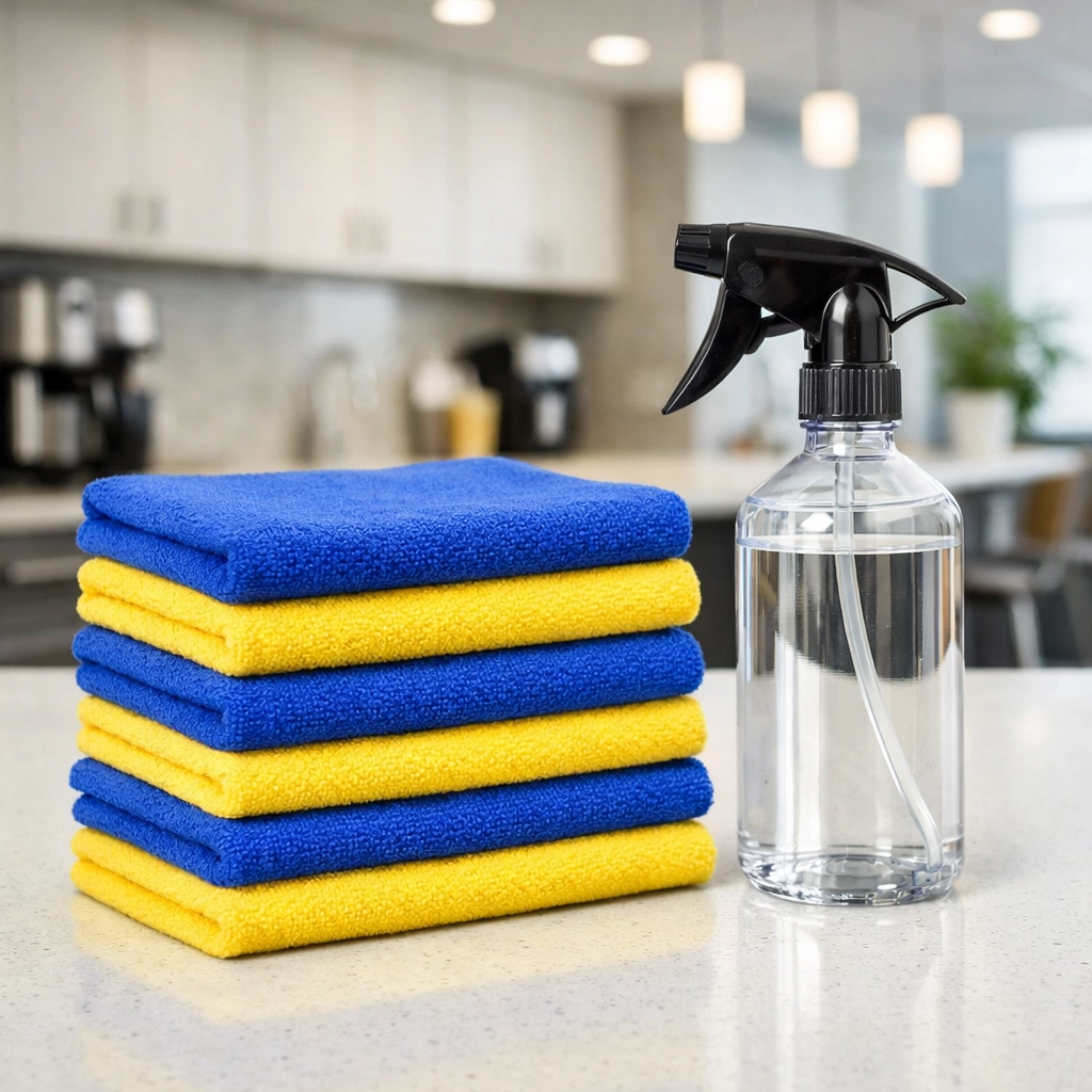 Sanitary microfiber cloths and spray for hygienic commercial office cleaning Maynard in a breakroom.
